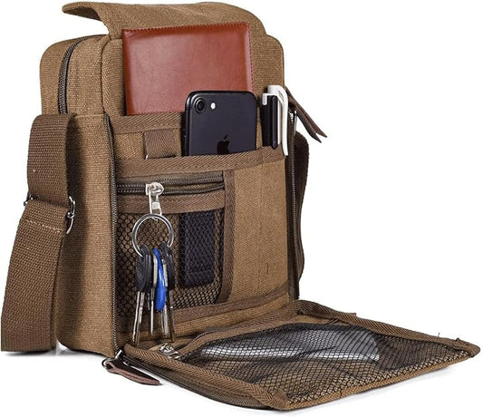 Small Canvas Messenger Bag Chest Bag Travel Bag, Mini Crossbody Bag Shoulder Bag for Men Women Multi Pocket Purses
