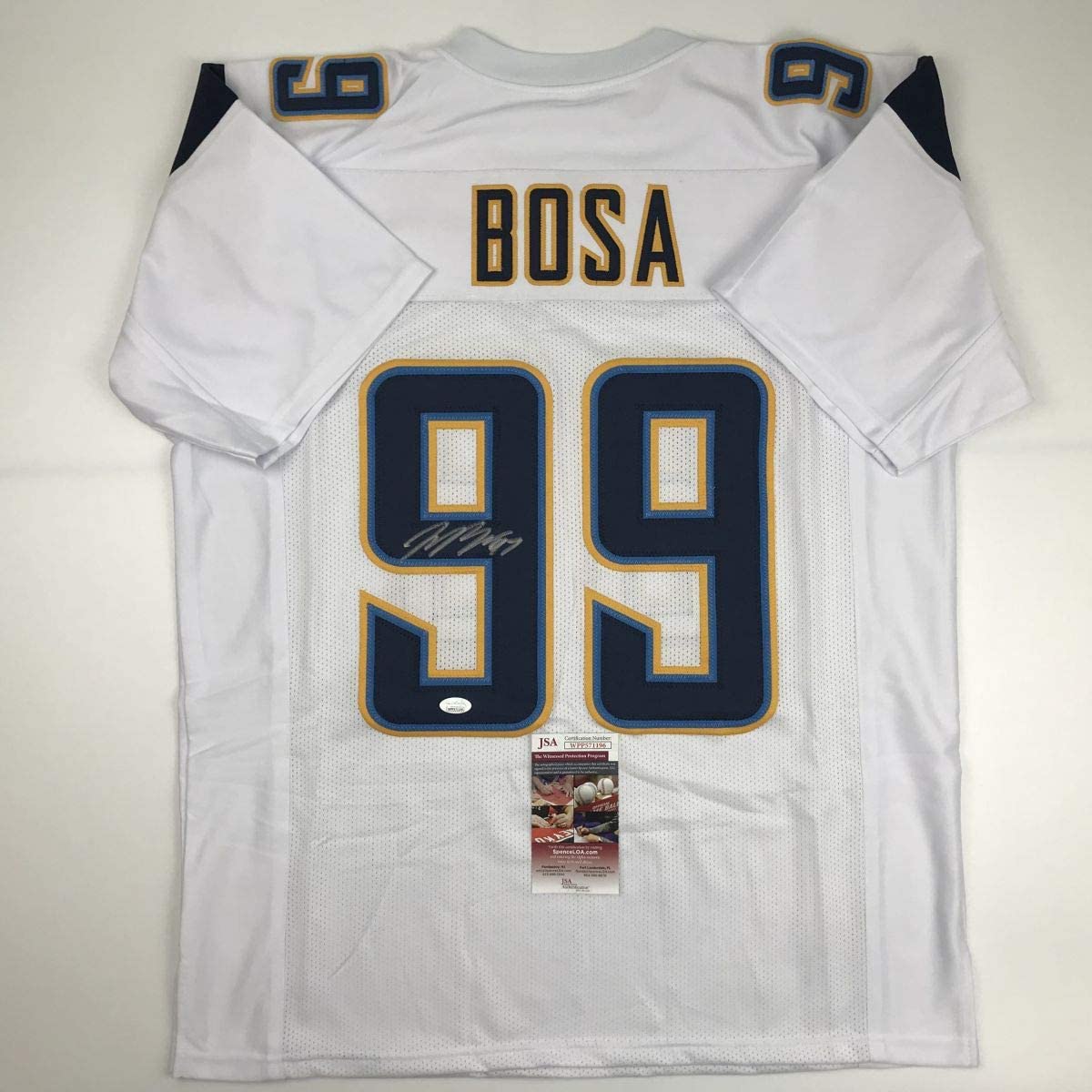 Autographed/Signed Joey Bosa Los Angeles LA White Football Jersey JSA COA