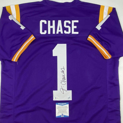 Autographed/Signed Ja'Marr Chase LSU Purple College Football Jersey Beckett BAS COA
