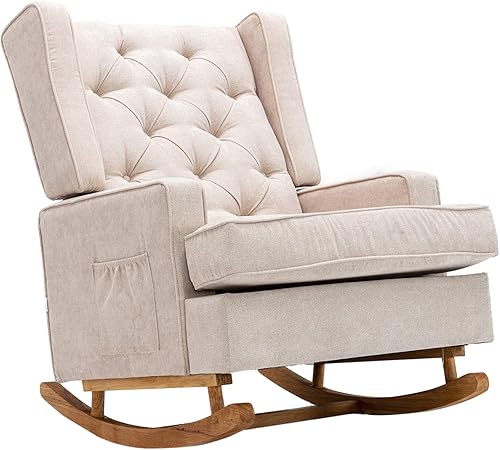 Dolonm Nursery Rocking Chair Upholstered Mid Century Modern Rocker Oversized Wingback Armchair for Living Room with Solid Wood Base (Beige)