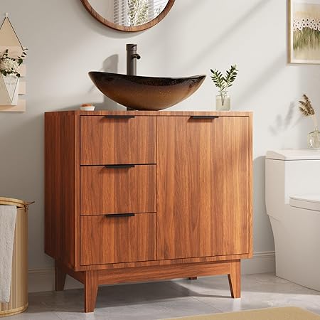 EROMMY 30 Inch Bathroom Vanity with Sink Combo Set, Rustic Bathroom Cabinet with Single Door, 3 Drawers & Boat Tempered Glass Vessel Sink