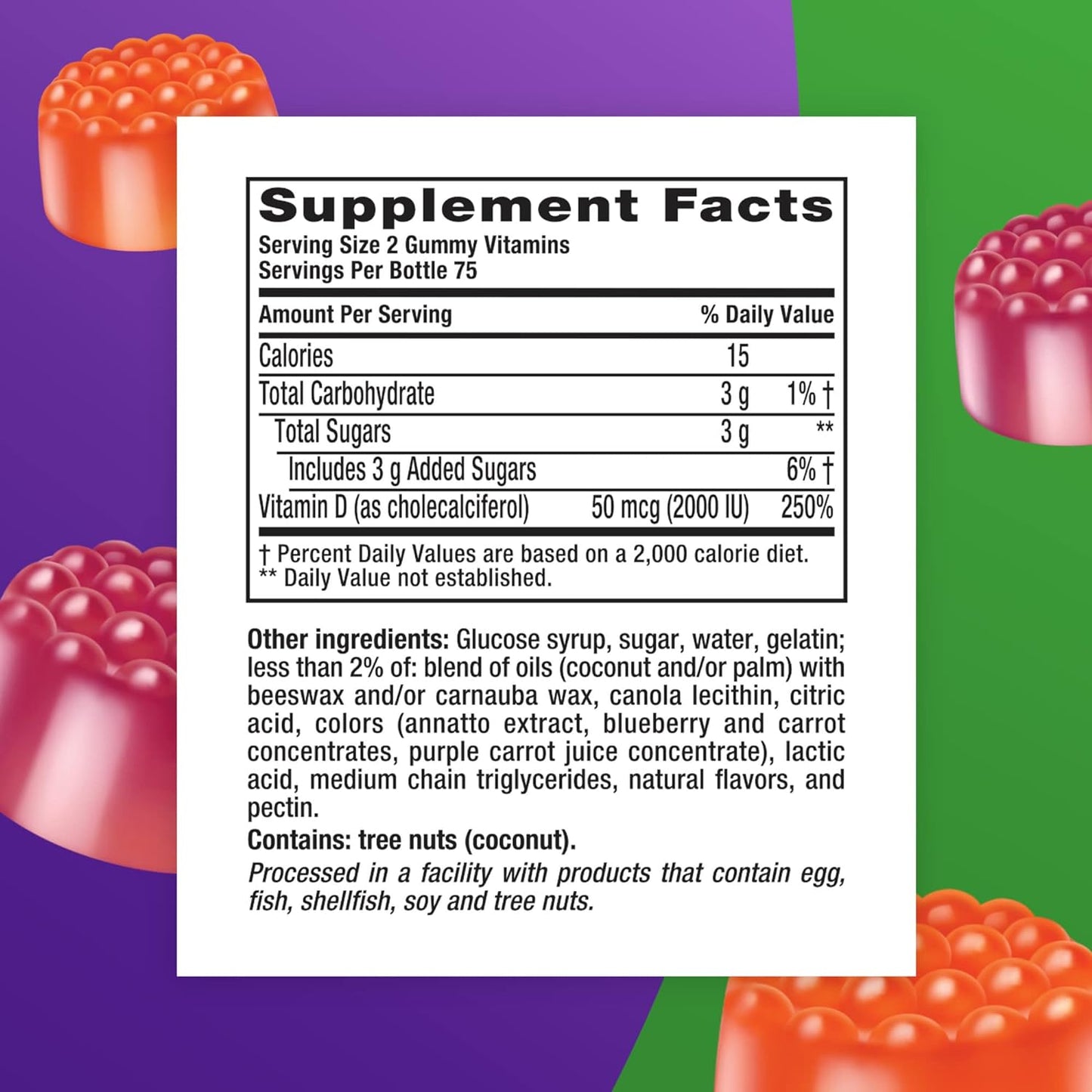 Vitafusion Vitamin D3 Gummy Vitamins for Bone and Immune System Support, Peach, Blackberry and Strawberry Flavored, 50 mcg Vitamin D, America’s Number 1 Gummy Vitamin Brand, 75 Day Supply, 150 Count