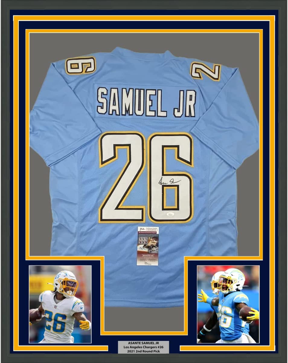 Framed Autographed/Signed Asante Samuel Jr. 35x39 Los Angeles LA Powder Blue Football Jersey JSA COA