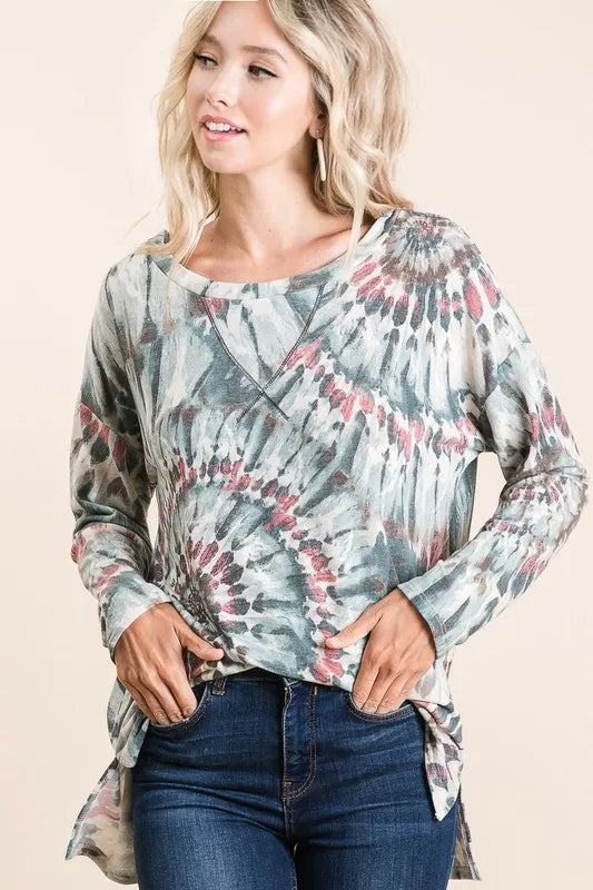 BiBi Tie Dye Terry Top with Contrast Stitching