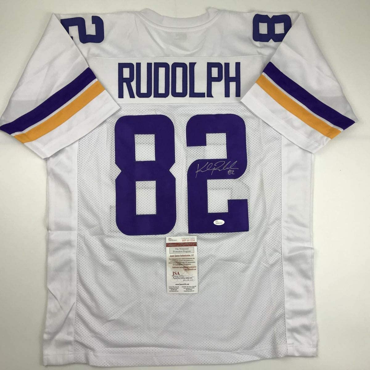Autographed/Signed Kyle Rudolph Minnesota White Football Jersey JSA COA