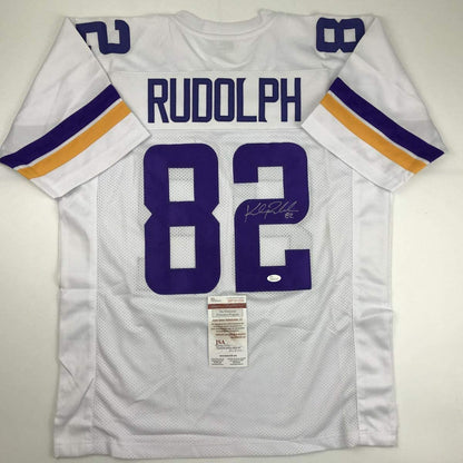 Autographed/Signed Kyle Rudolph Minnesota White Football Jersey JSA COA