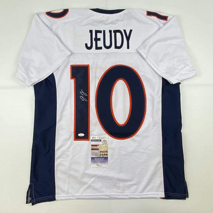 Autographed/Signed Jerry Jeudy Denver White Football Jersey JSA COA