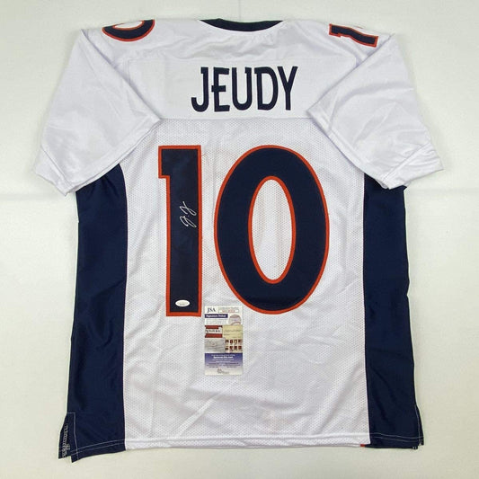 Autographed/Signed Jerry Jeudy Denver White Football Jersey JSA COA