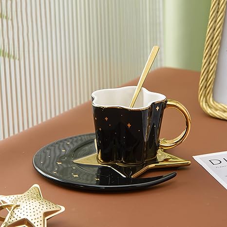 4.2 Ounce Irregular Ceramic Coffee Cup, Gold Plate Handle Mug, Moon and Star Shape Coffee Tea Cup and Saucer Sets with spoon, for Cappuccino, Tea, Cocoa, Cereal, Hot Chocolate (Black with Golden)