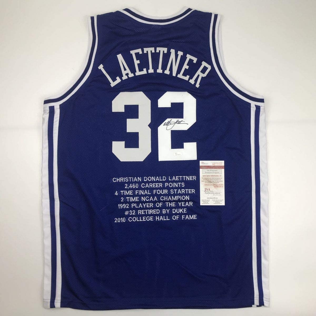 Autographed/Signed Christian Laettner Duke Blue Stat The Shot College Basketball Jersey JSA COA
