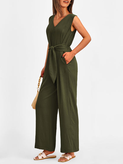 PRETTYGARDEN Summer Outfits 2024 Wide Leg Jumpsuits for Women Casual V Neck Sleeveless Belted High Waist Long Pants Rompers(Army Green,Small)