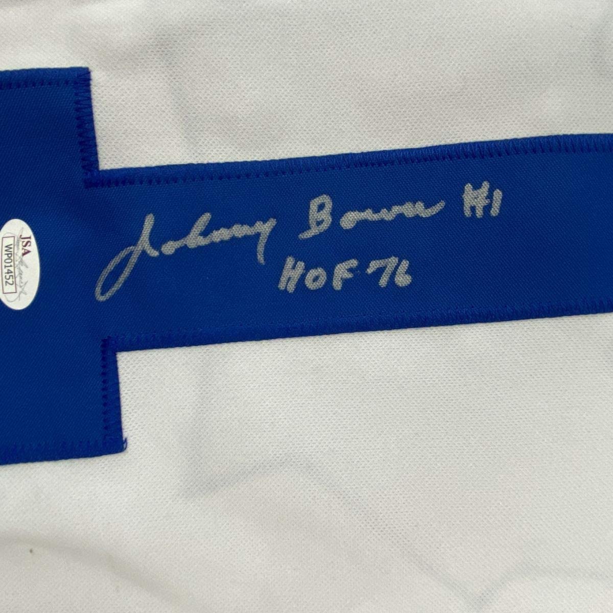 Autographed/Signed Johnny Bower HOF 76 Toronto Blue Hockey Jersey JSA COA