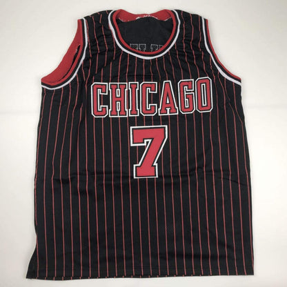 Autographed/Signed Toni Kukoc Chicago Black Pinstripe Basketball Jersey Beckett BAS COA