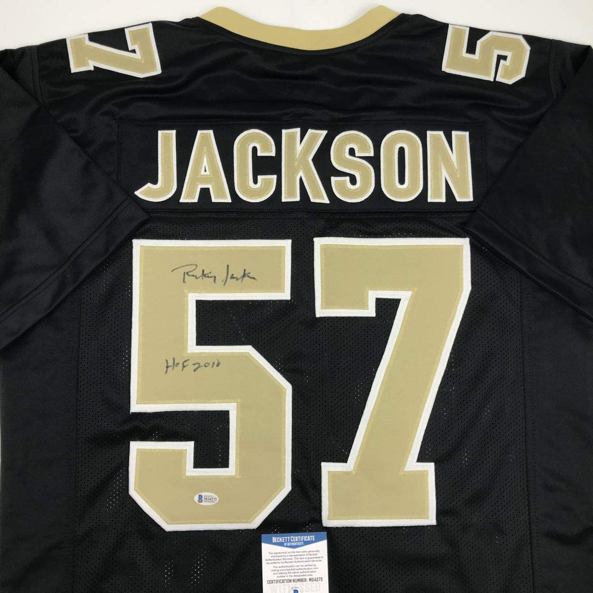 Autographed/Signed Rickey Jackson HOF 2010 New Orleans Black Football Jersey Beckett BAS COA