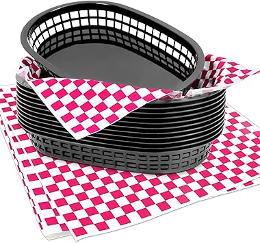 120 Sheets Pink Checkered Deli Liners and 12 Black Fast Food Baskets, Classic Deli Baskets with Pink Checkered Dry Waxed Deli Paper(12'')
