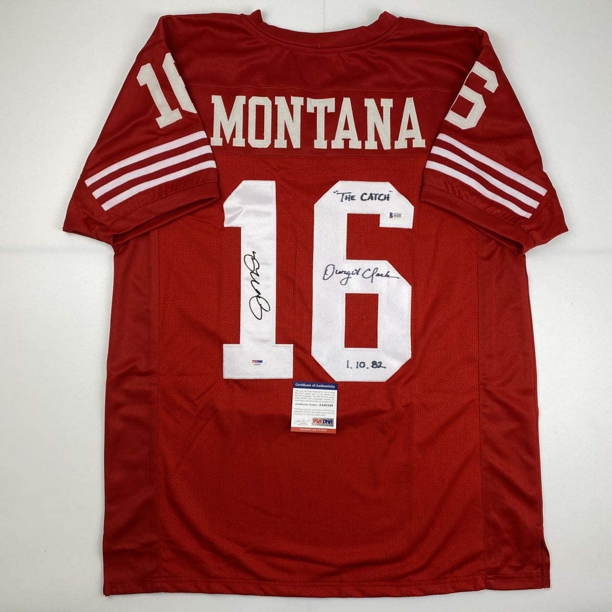 Autographed/Signed Joe Montana & Dwight Clark The Catch San Francisco Red Football Jersey PSA/DNA & Beckett BAS COA