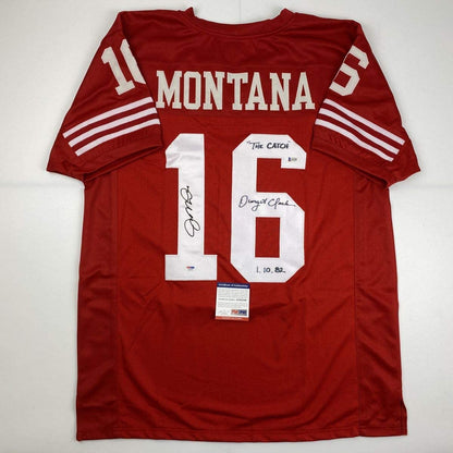 Autographed/Signed Joe Montana & Dwight Clark The Catch San Francisco Red Football Jersey PSA/DNA & Beckett BAS COA