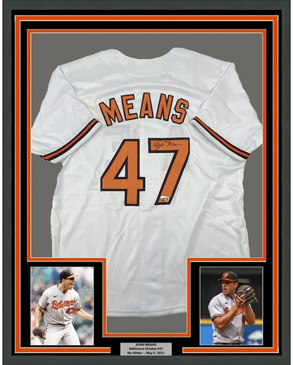 Framed Autographed/Signed John Means 35x39 Baltimore White Baseball Jersey Beckett BAS COA
