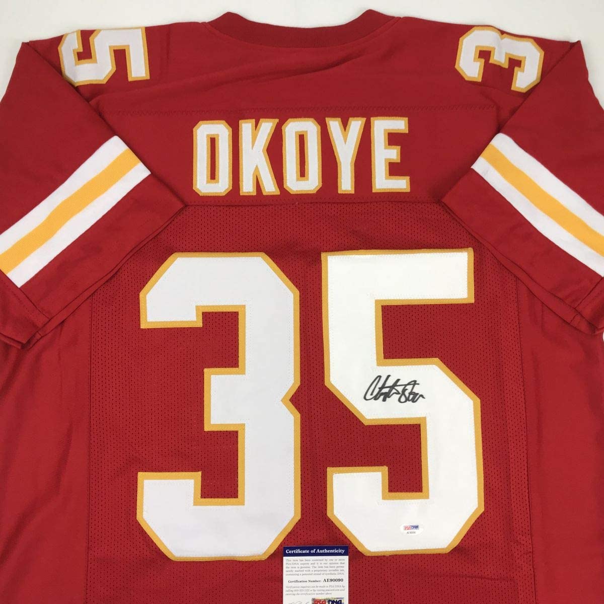 Autographed/Signed Christian Okoye Kansas City Red Football Jersey PSA/DNA COA