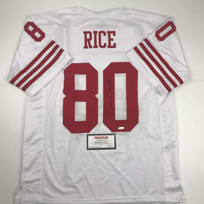 Autographed/Signed Jerry Rice San Francisco White Football Jersey Tristar COA