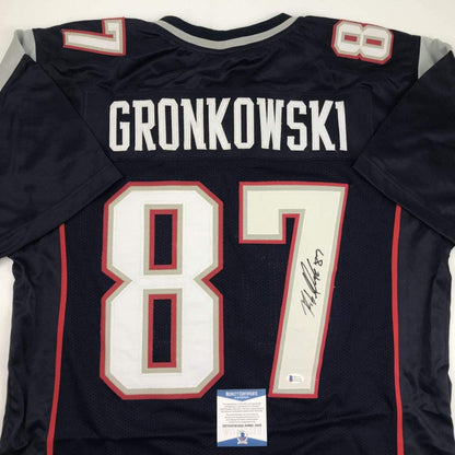 Autographed/Signed Rob Gronkowski New England Blue Football Jersey Beckett BAS COA