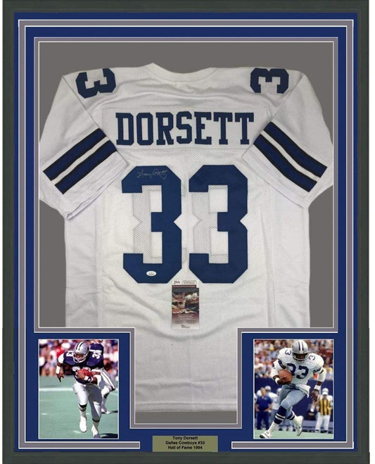 Framed Autographed/Signed Tony Dorsett 35x39 Dallas White Football Jersey JSA COA