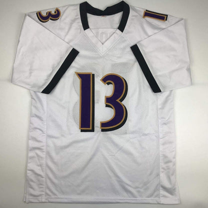 Autographed/Signed John Brown Baltimore White Football Jersey JSA COA