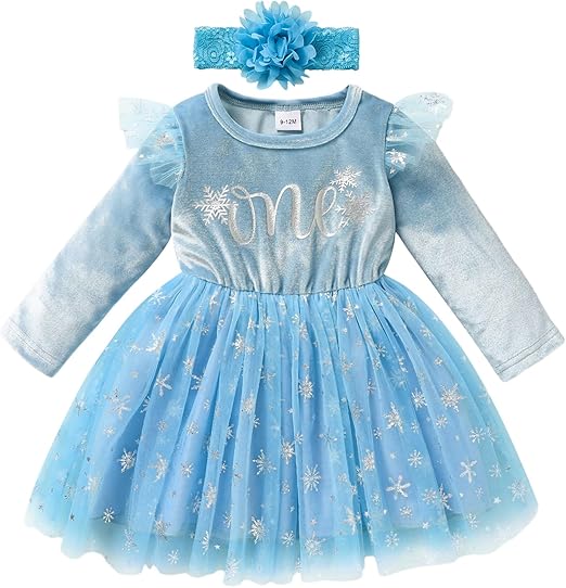 Baby Girl Birthday Dress Velvet One Year Old Snowflake Tulle Skirt with Hairband Winter Clothes