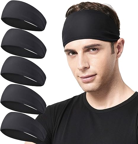 Mens Running Headband, 5Pack, Mens Sweatband Sports Headband for Running, Cycling, Basketball, Yoga, Fitness Workout Stretchy Unisex Hairband