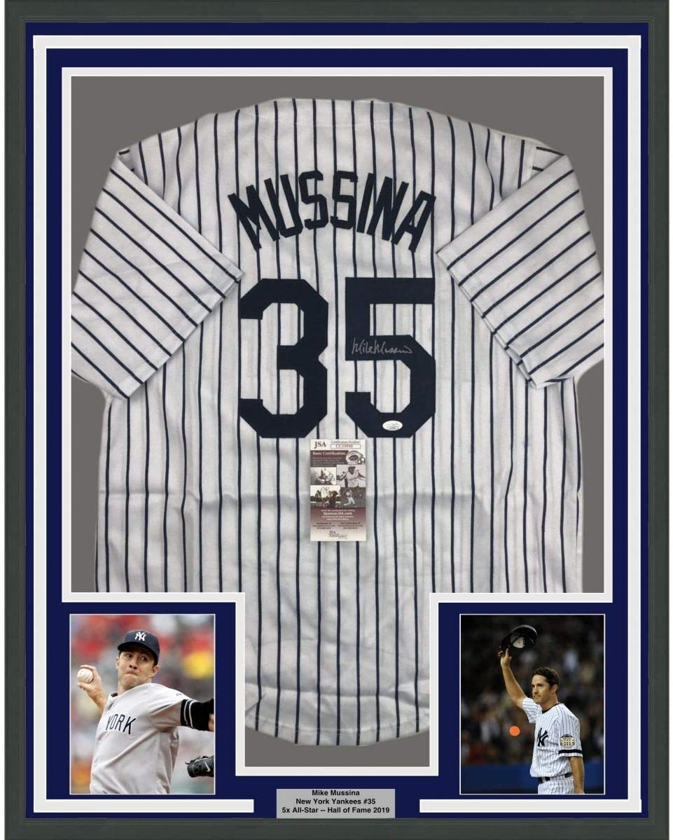 Framed Autographed/Signed Mike Mussina 35x39 New York Pinstripe Baseball Jersey JSA COA