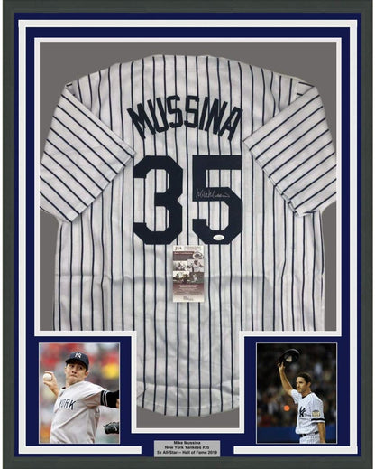 Framed Autographed/Signed Mike Mussina 35x39 New York Pinstripe Baseball Jersey JSA COA