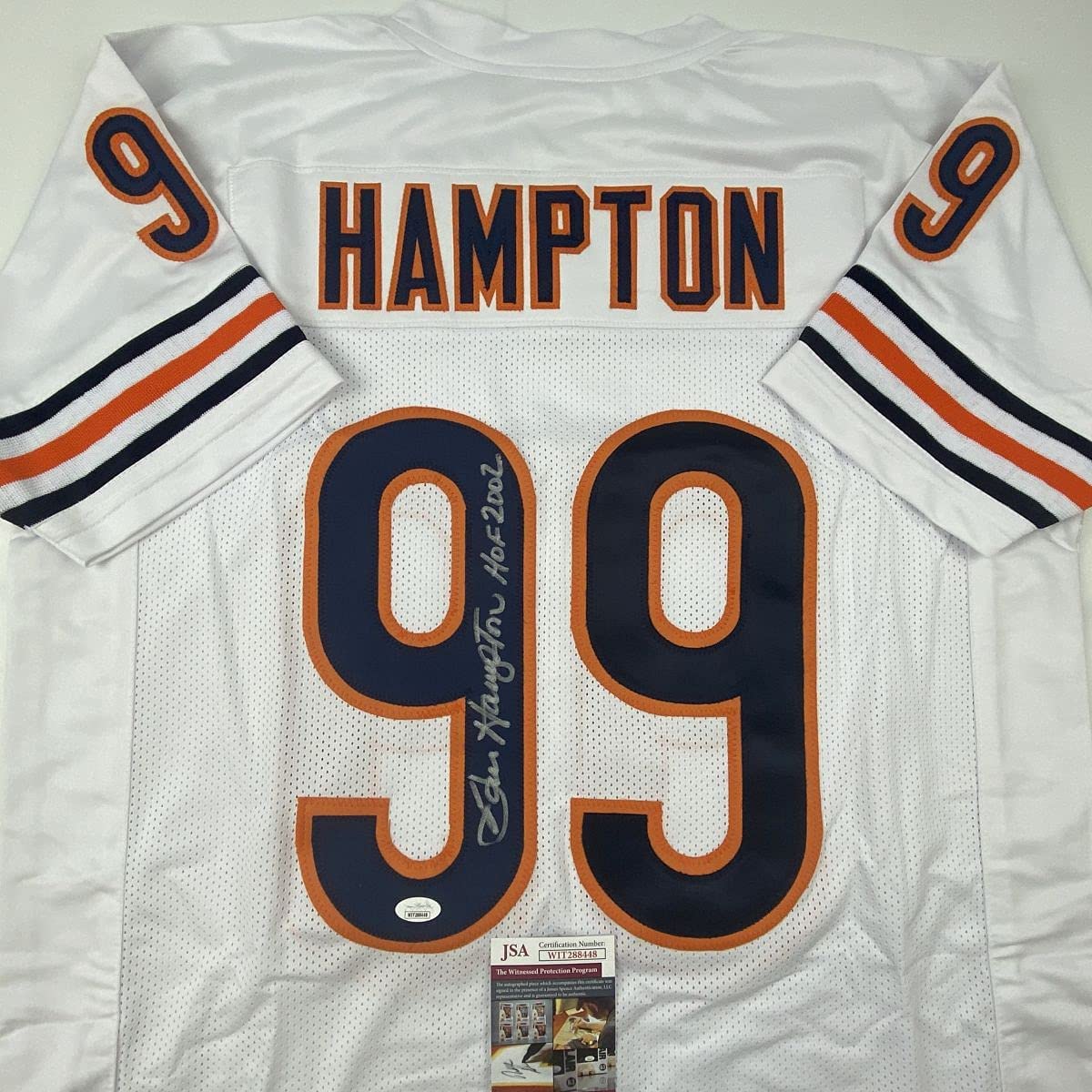 Autographed/Signed Dan Hampton HOF 2002 Chicago White Football Jersey JSA COA