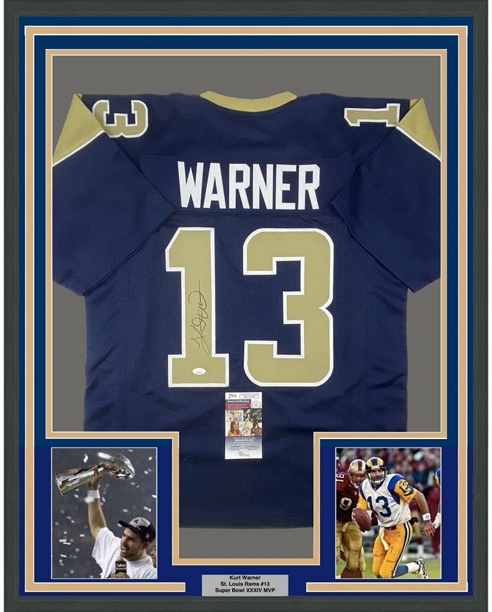 Framed Autographed/Signed Kurt Warner 35x39 St. Louis Dark Blue Football Jersey JSA COA