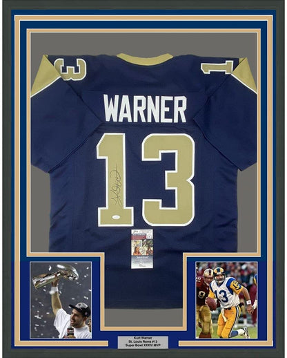 Framed Autographed/Signed Kurt Warner 35x39 St. Louis Dark Blue Football Jersey JSA COA
