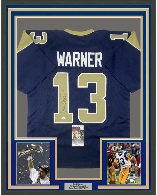 Framed Autographed/Signed Kurt Warner 35x39 St. Louis Dark Blue Football Jersey JSA COA