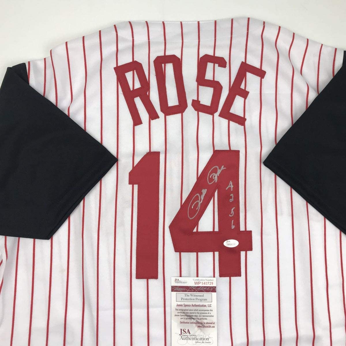 Autographed/Signed Pete Rose 4256 Cincinnati Pinstripe Baseball Jersey JSA COA