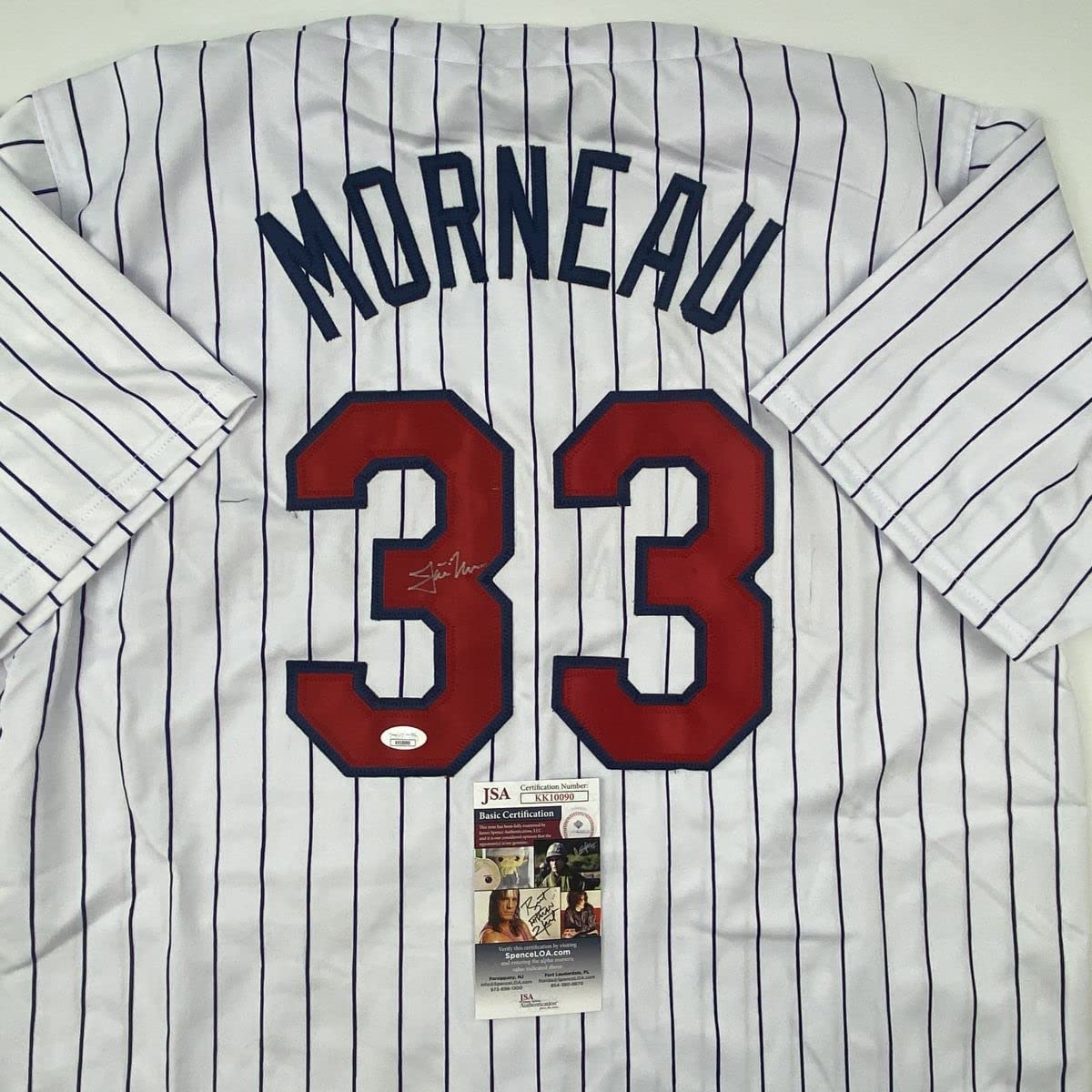 Autographed/Signed Justin Morneau Minnesota Pinstripe Baseball Jersey JSA COA