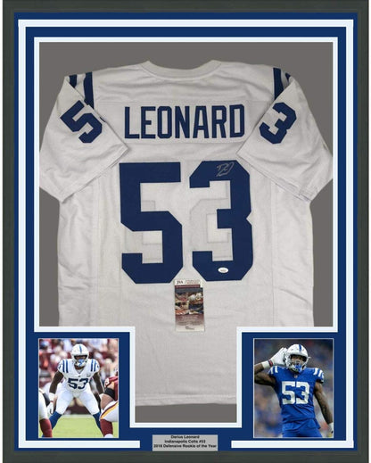 Framed Autographed/Signed Darius Shaquille Leonard 35x39 Indianapolis White Football Jersey JSA COA