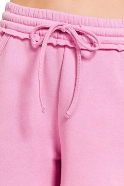 Zenana Fleece Raw Hem Shorts With Draw String