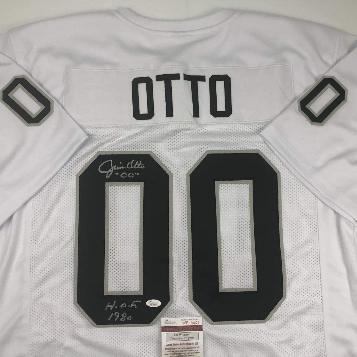Autographed/Signed Jim Otto HOF 80 Oakland White Football Jersey JSA COA