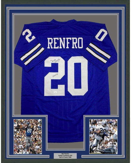 Framed Autographed/Signed Mel Renfro HOF 96 35x39 Dallas Blue Football Jersey JSA COA