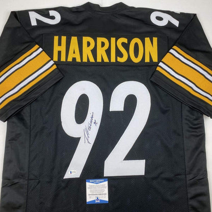 Autographed/Signed James Harrison Pittsburgh Black Football Jersey Beckett BAS COA