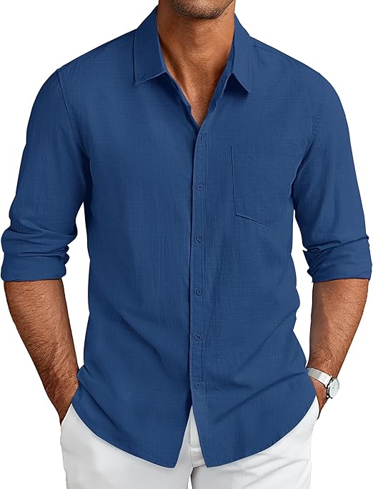 COOFANDY Men's Long Sleeve Buttons Down Shirts Casual Button Up Shirts Beach Linen Shirt Untucked Dress Shirt Navy