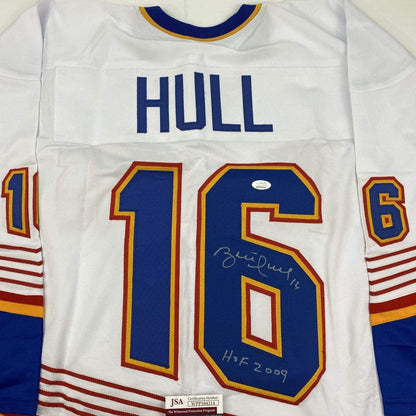 Autographed/Signed Brett Hull HOF 2009 St. Louis Retro White Hockey Jersey JSA COA