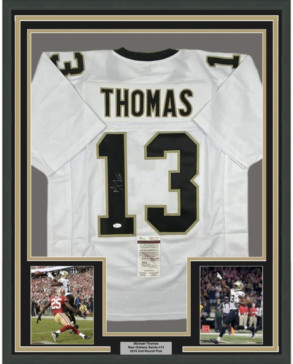 Framed Autographed/Signed Michael Thomas 35x39 New Orleans White Football Jersey JSA COA
