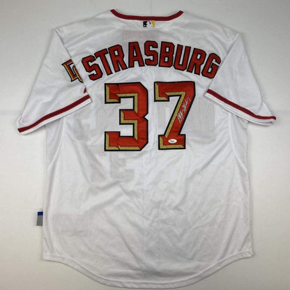 Autographed/Signed Stephen Strasburg Washington White Baseball Jersey JSA COA Holo Only