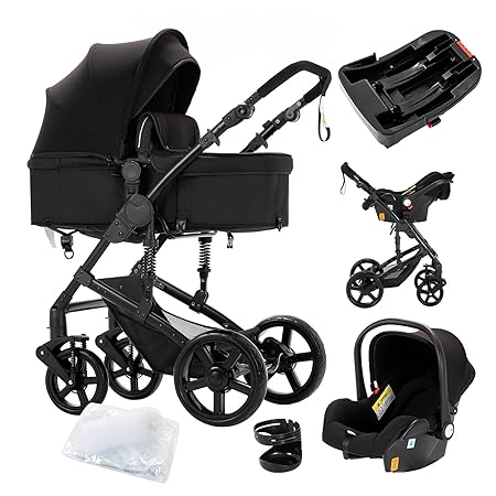 3 in 1 Baby Travel System Reversible Baby Stroller Pushchair Portable Baby Standard Pram Buggy Baby Carriage Foldable Luxury Baby High Landscape Pram for Toddler Newborn (UD588-Black with Base)
