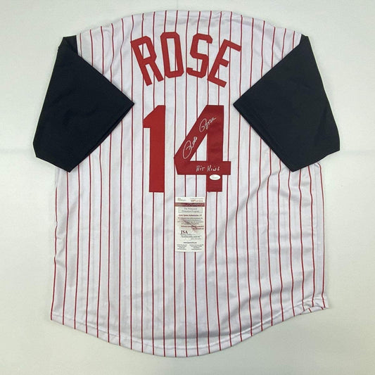 Autographed/Signed Pete Rose Hit King Cincinnati Pinstripe Baseball Jersey JSA COA