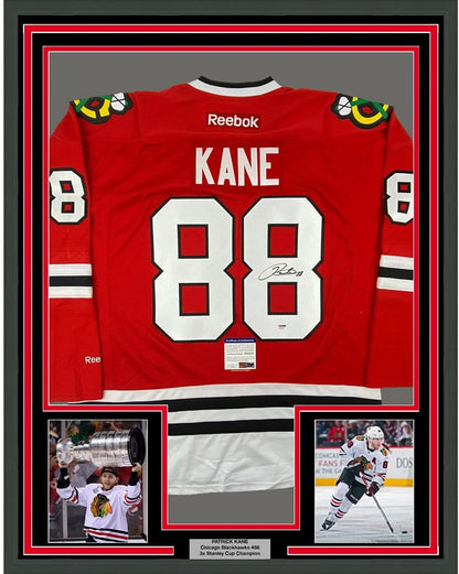 Framed Autographed/Signed Patrick Kane 35x39 Chicago Blackhawks Red Hockey Jersey PSA/DNA COA