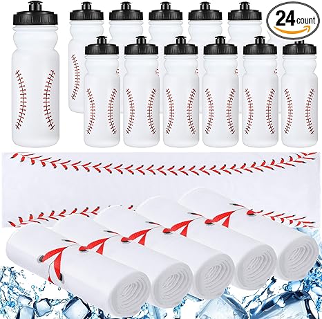 24 Pcs Sport Party Favors Include 12 Pcs 20 oz Plastic Soccer Football Basketball Water Bottles Bulk 12 Pcs 40"x12" Softball Baseball Cooling Towels for Soccer Sport Team Gift